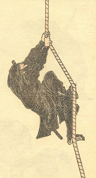 En teckning från 1800-talet av en typisk ninja i färd att infiltrera en fästning med hjälp av rep och änterhake.