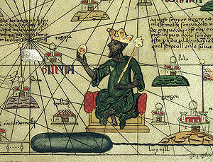 Bilden föreställer Abubakari II:s efterträdare Mansa Musa på höjden av sin makt